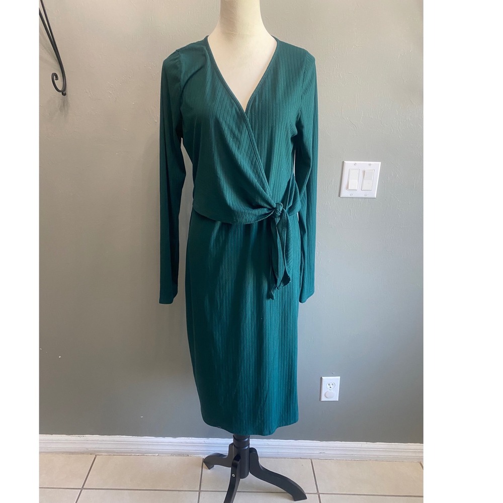 Pink Lilyβ Womens Forest Green Ribbed Long Sleeve Wrap Midi Dress Size XL